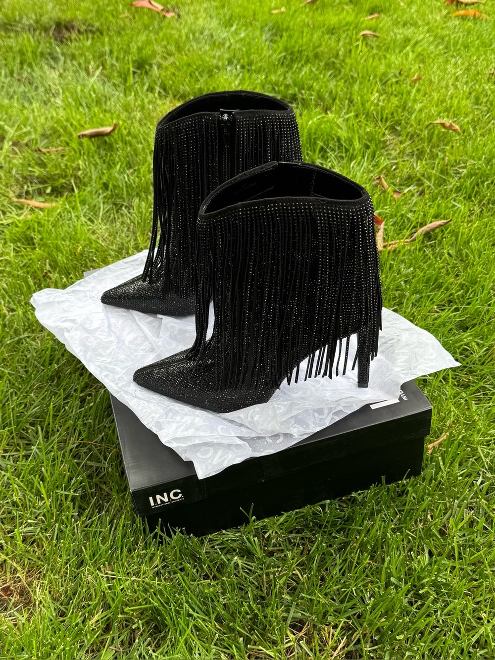 INC Black Rhinestone Fringe Pointed Toe Ankle Boots Size 7 NWT